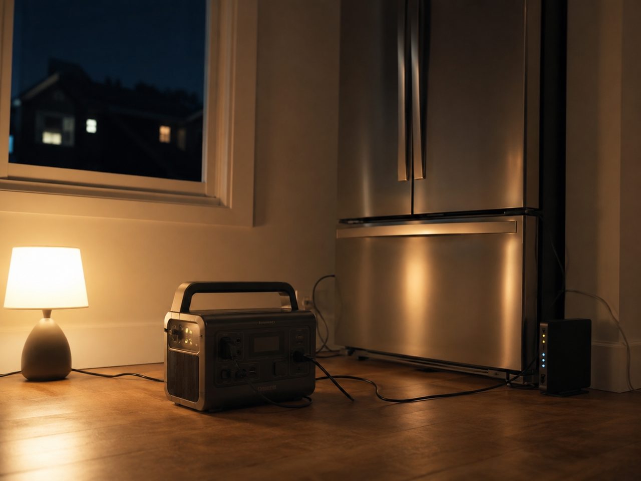 Portable power station running a refrigerator and Wi-Fi router during a home power outage